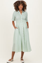 Sage Gingham Smocked Button Down Maternity Midi Dress