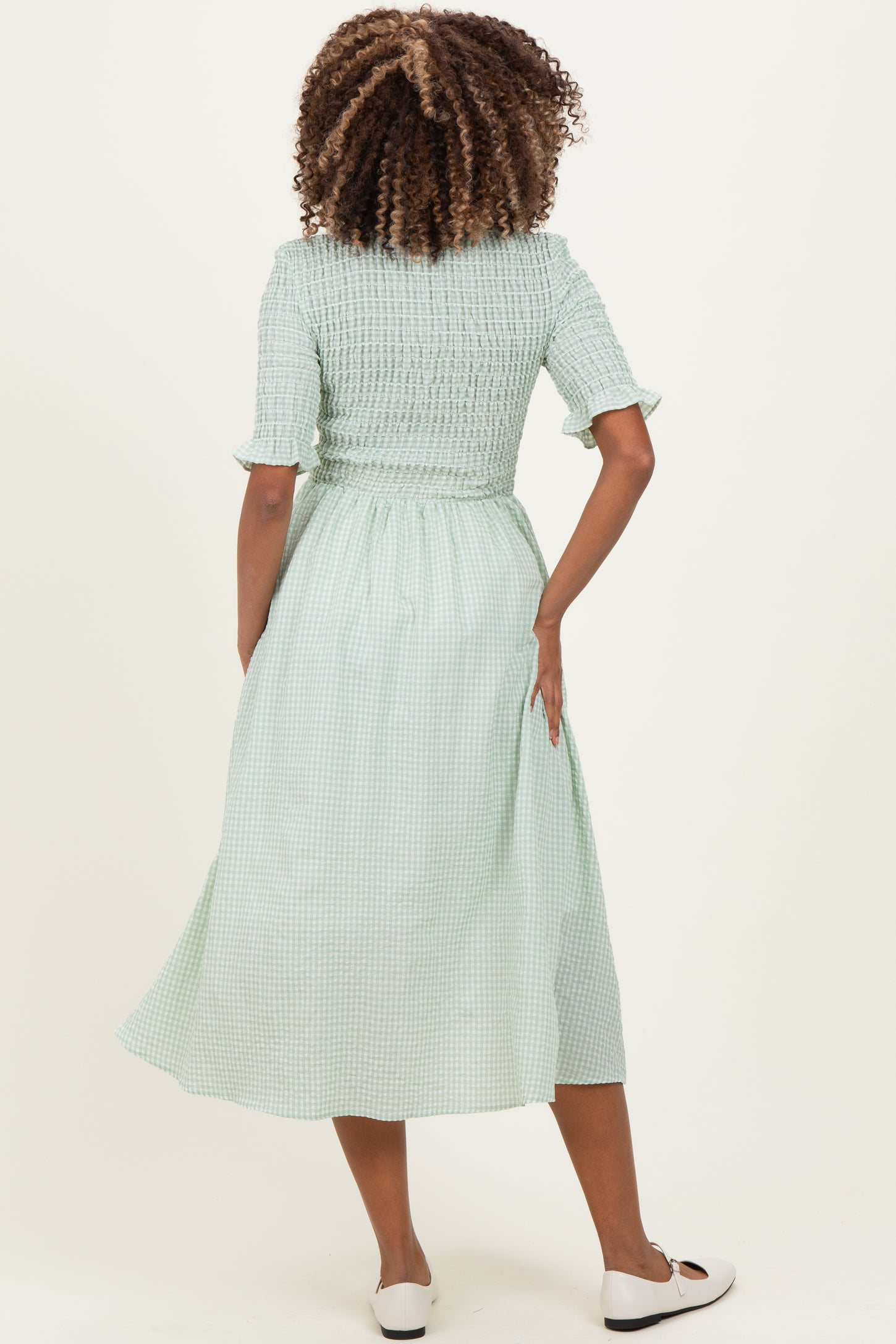 Sage Gingham Smocked Button Down Maternity Midi Dress