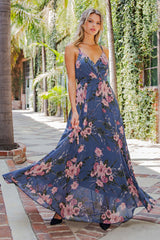 Dusty Blue Floral V-Neck Sleeveless Maternity Maxi Dress