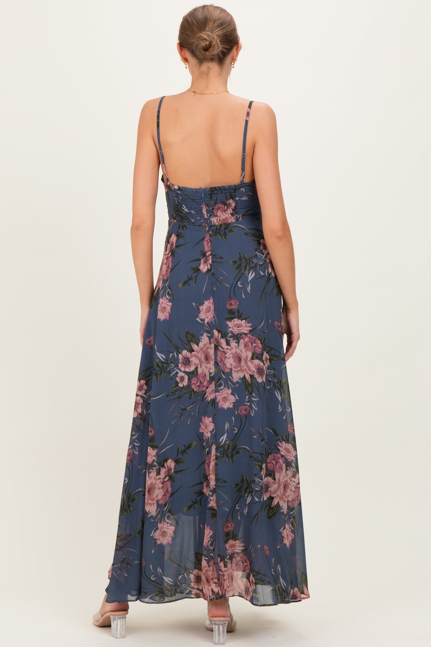 Dusty Blue Floral V-Neck Sleeveless Maternity Maxi Dress