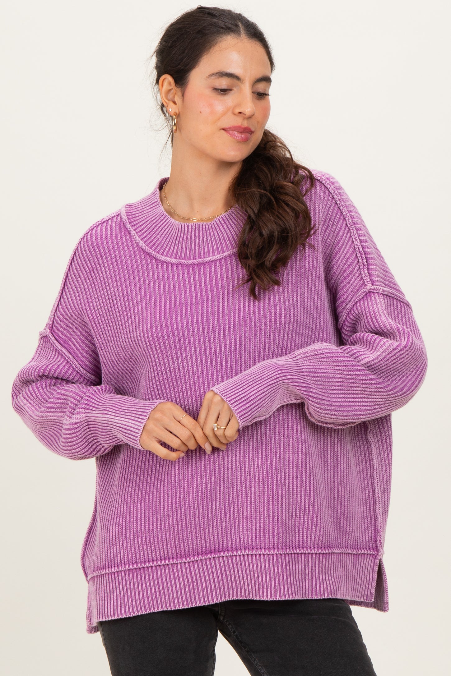 Violet Washed Side Slit Oversized Maternity Sweater