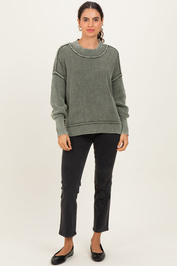 Olive Washed Side Slit Oversized Sweater