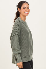 Olive Washed Side Slit Oversized Sweater