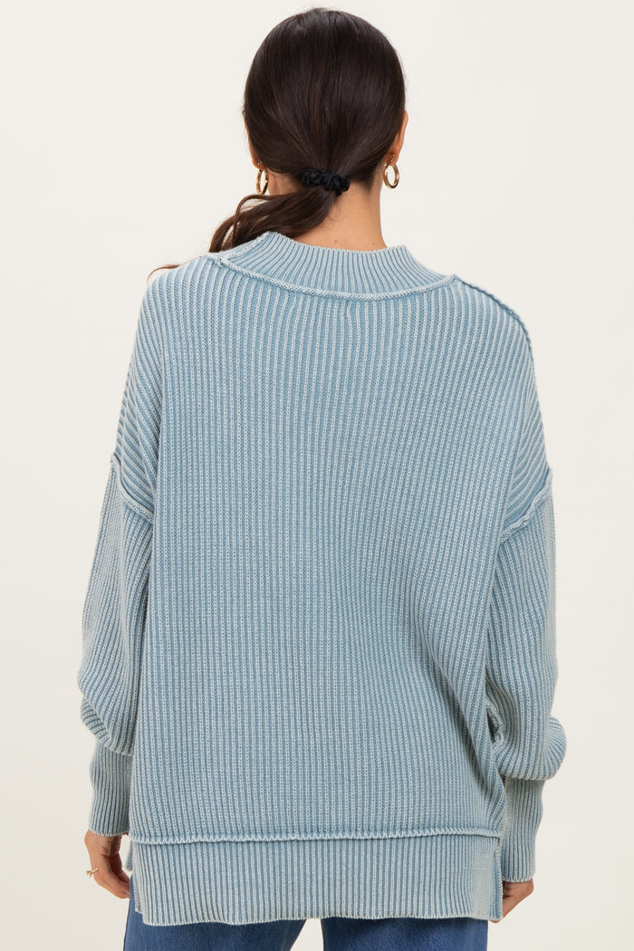 Light Blue Washed Side Slit Oversized Sweater
