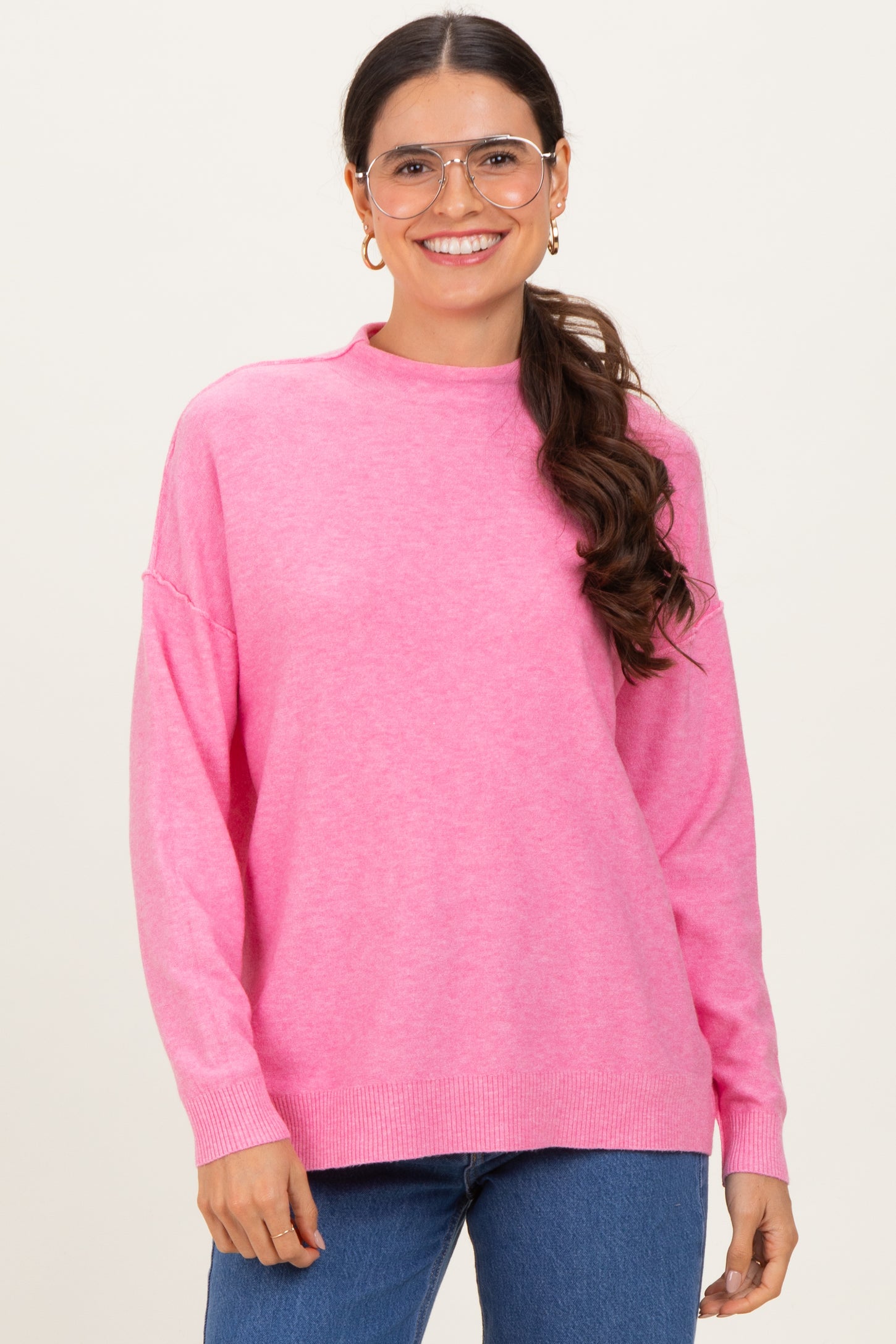 Pink Mock Neck Exposed Seam Sweater