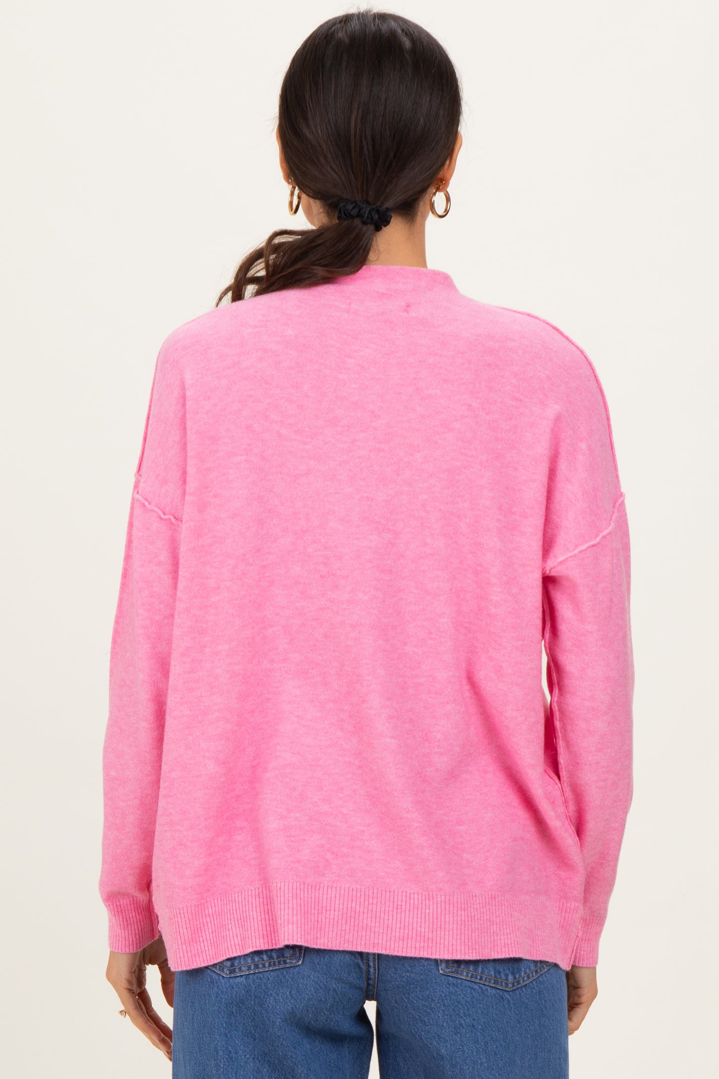 Pink Mock Neck Exposed Seam Sweater