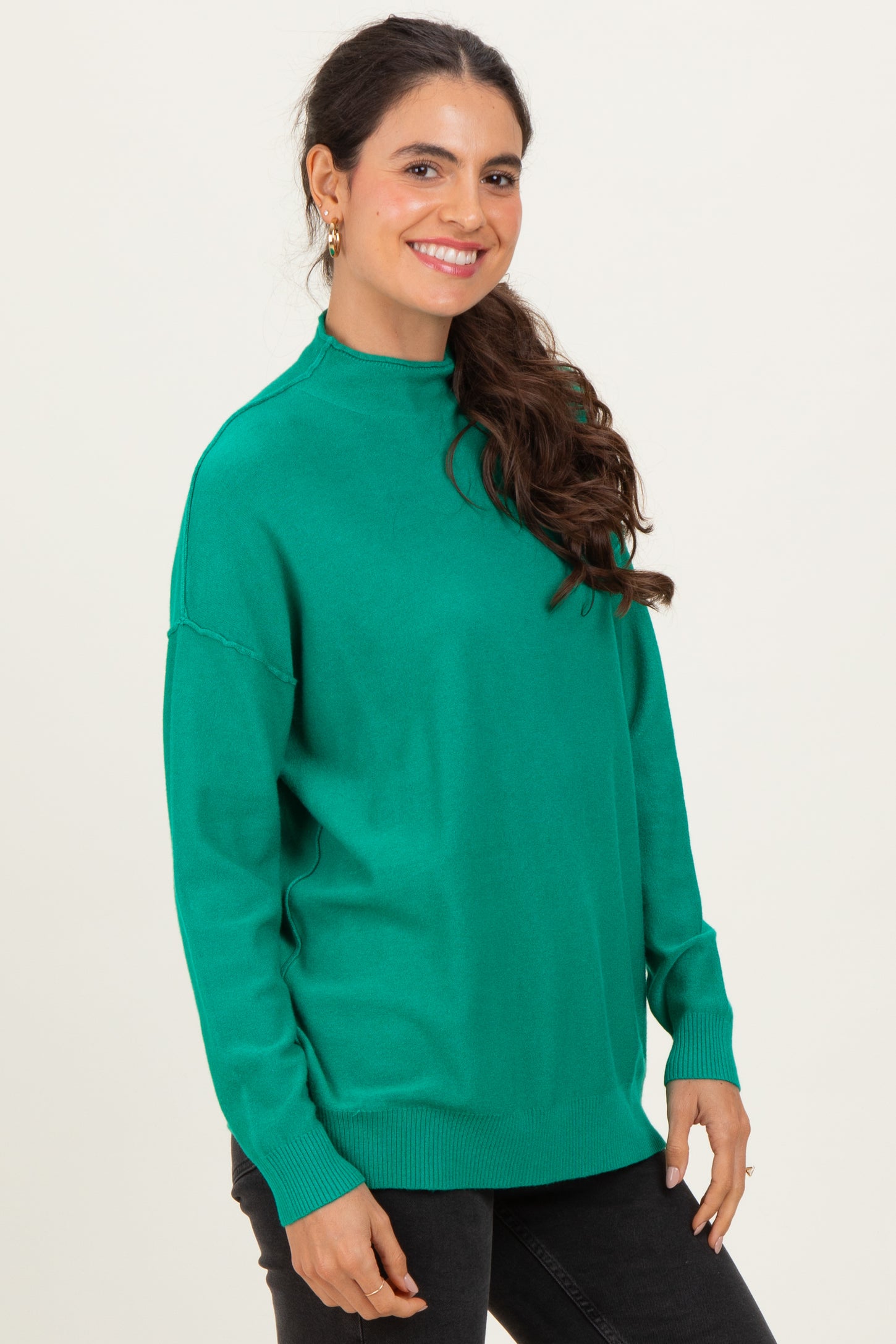 Green Mock Neck Exposed Seam Sweater