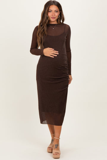 Brown Shimmer Mesh Long Sleeve Ruched Maternity Midi Dress