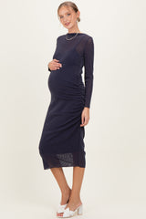 Navy Shimmer Mesh Long Sleeve Ruched Maternity Midi Dress