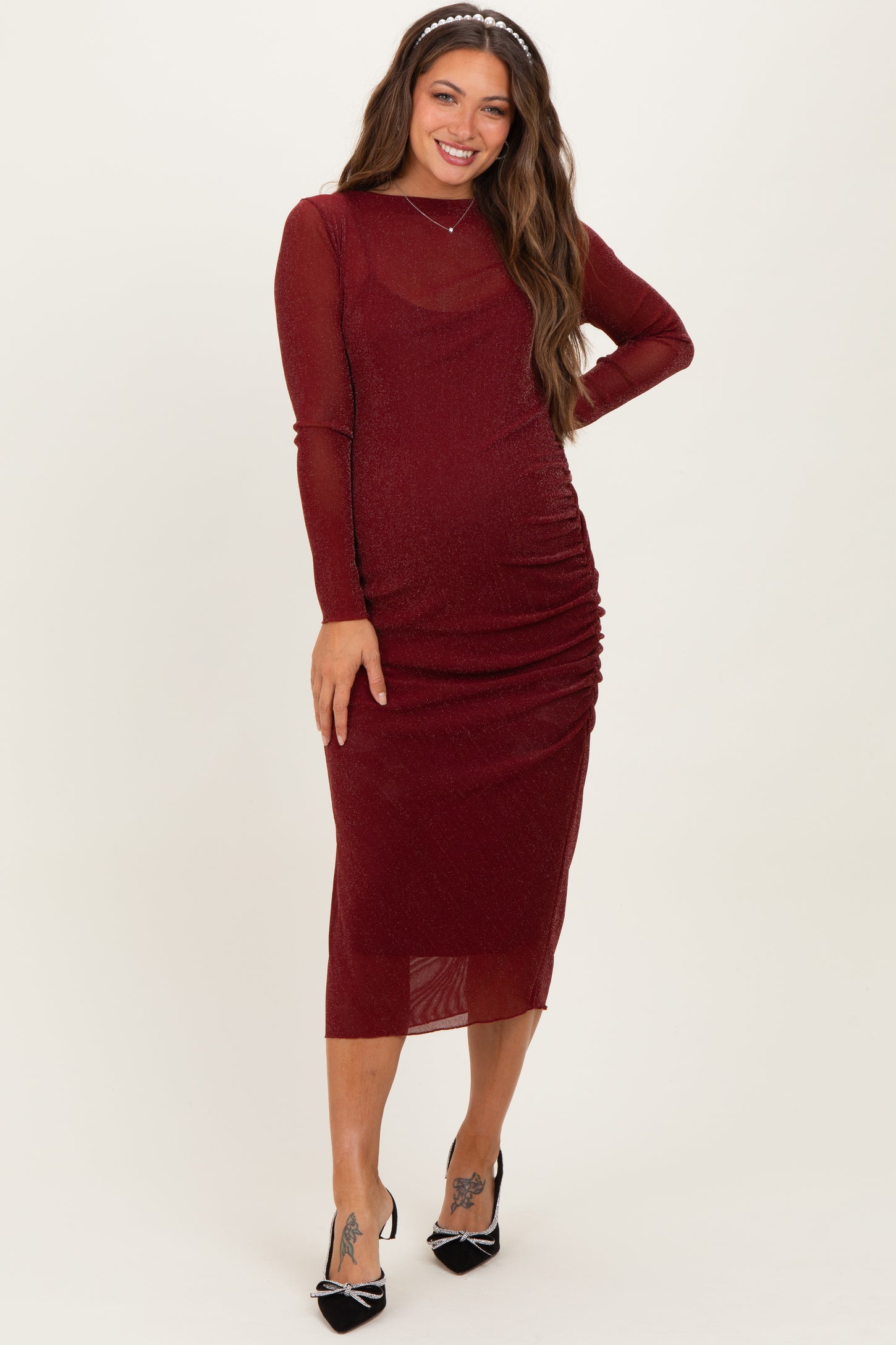 Burgundy Shimmer Mesh Long Sleeve Ruched Maternity Midi Dress