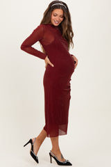Burgundy Shimmer Mesh Long Sleeve Ruched Maternity Midi Dress