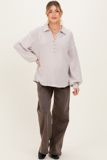 Oatmeal Solid Ribbed Long Sleeve Button Down Collared Maternity Top