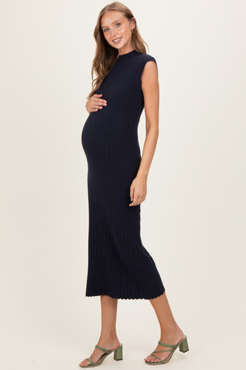 Navy Ribbed Knit Mock Neck Maternity Maxi Dress