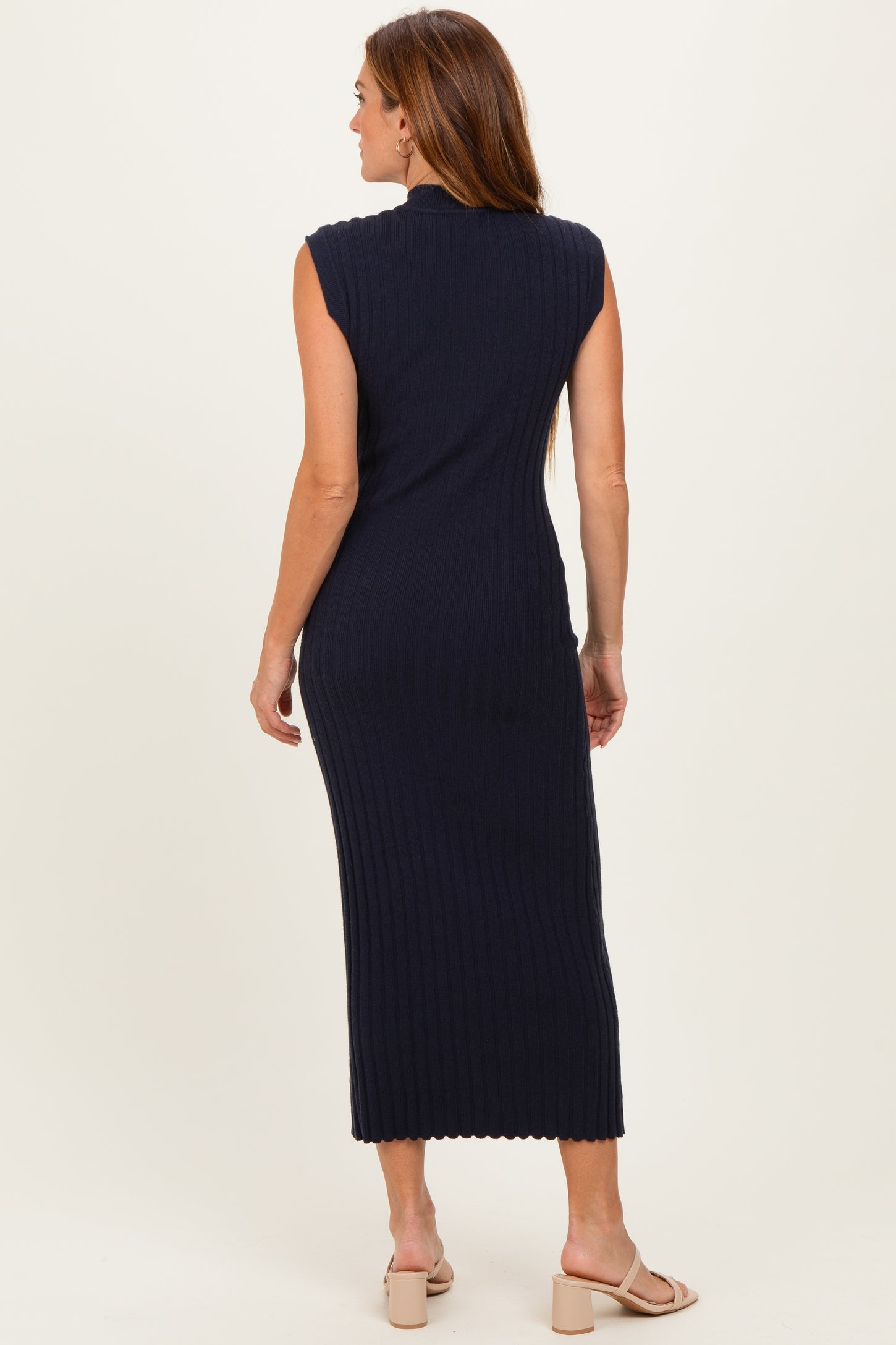 Navy Ribbed Knit Mock Neck Maxi Dress