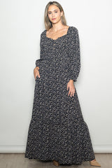 Black Floral Button Accent Long Sleeve Maxi Dress