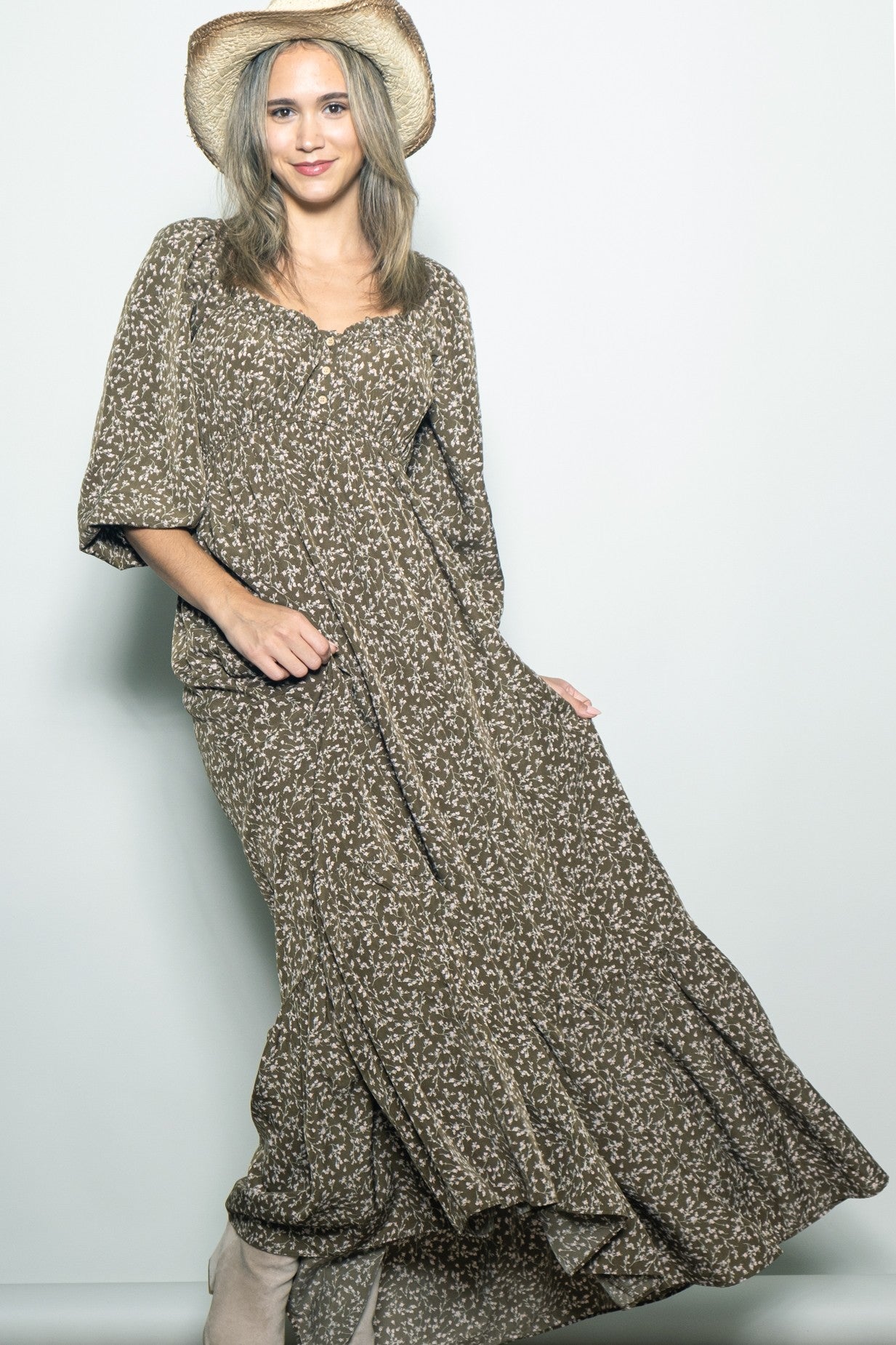 Olive Floral Button Accent Long Sleeve Maxi Dress