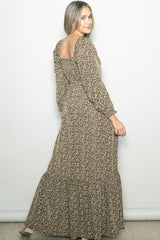 Olive Floral Button Accent Long Sleeve Maxi Dress