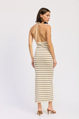 Cream Striped Halter Open Back Midi Dress