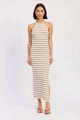 Cream Striped Halter Open Back Maternity Midi Dress