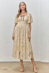 Cream Lace Puff Sleeve Midi Dress