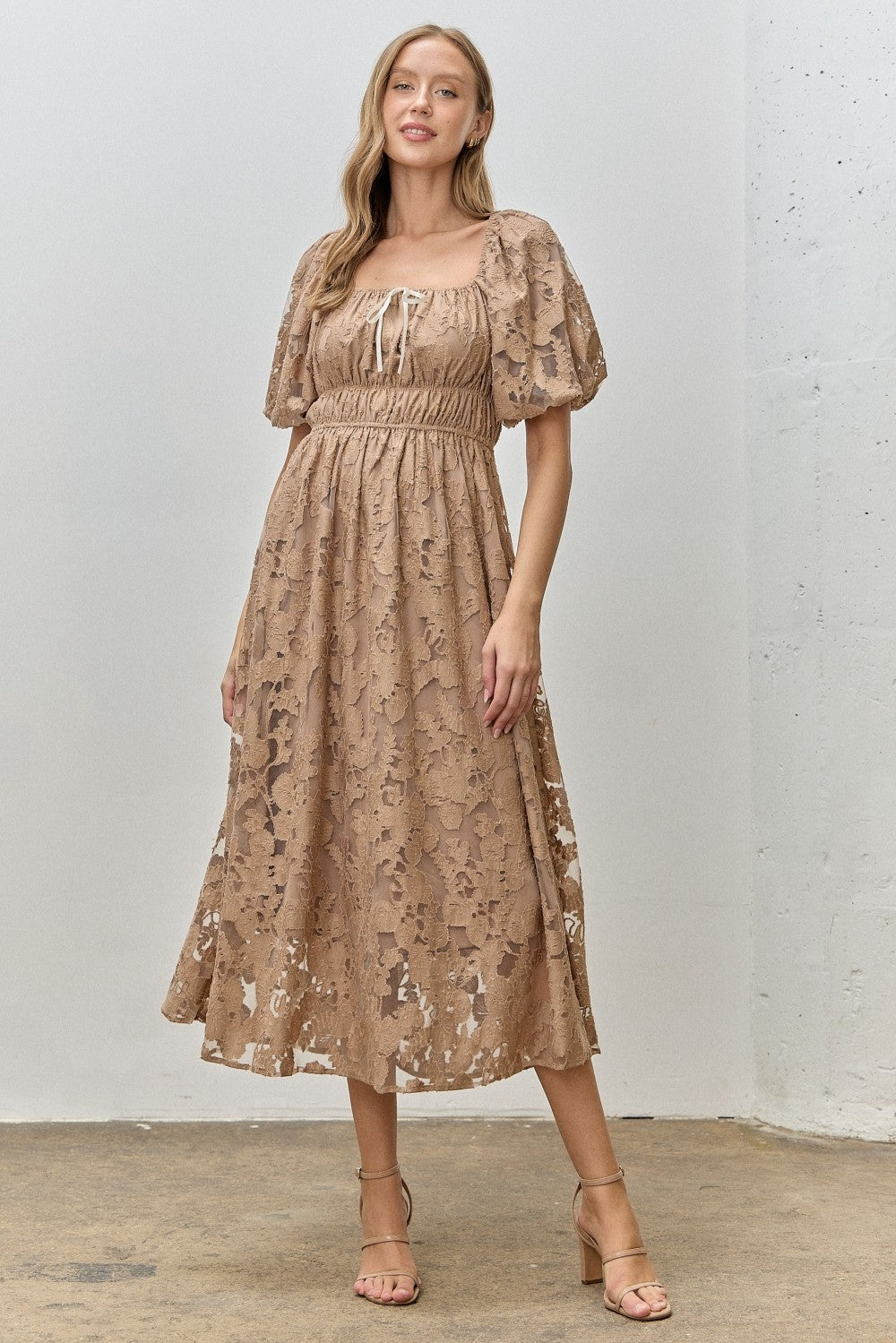 Mocha Lace Puff Sleeve Midi Dress