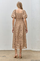 Mocha Lace Puff Sleeve Midi Dress