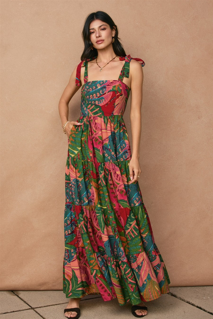 Green Printed Shoulder Tie Tiered Maxi Dress