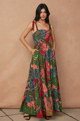 Green Printed Shoulder Tie Tiered Maxi Dress