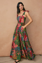 Green Printed Shoulder Tie Tiered Maxi Dress