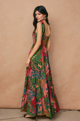 Green Printed Shoulder Tie Tiered Maxi Dress