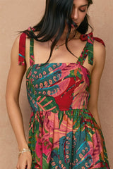 Green Printed Shoulder Tie Tiered Maxi Dress