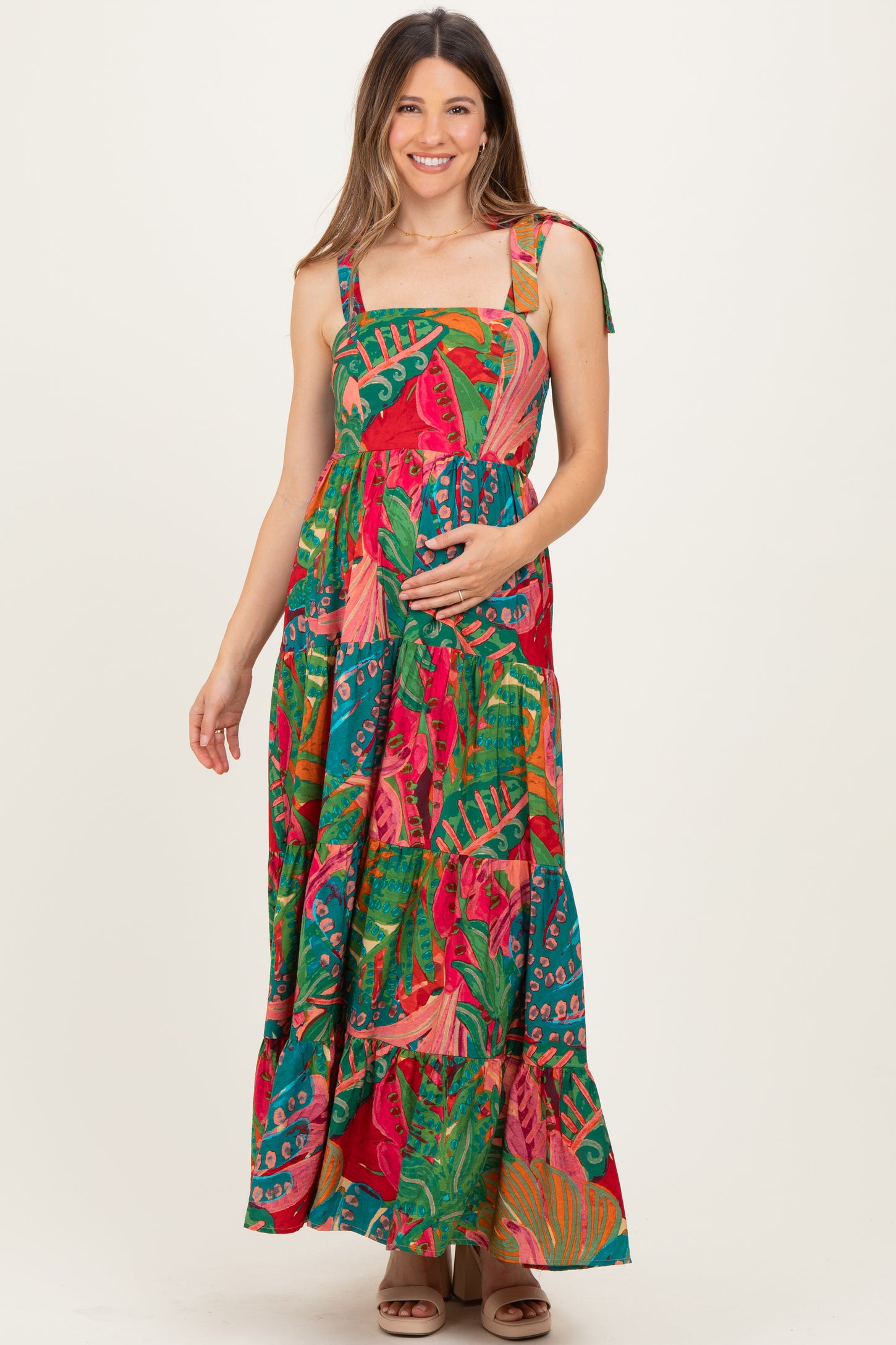 Green Printed Shoulder Tie Tiered Maternity Maxi Dress