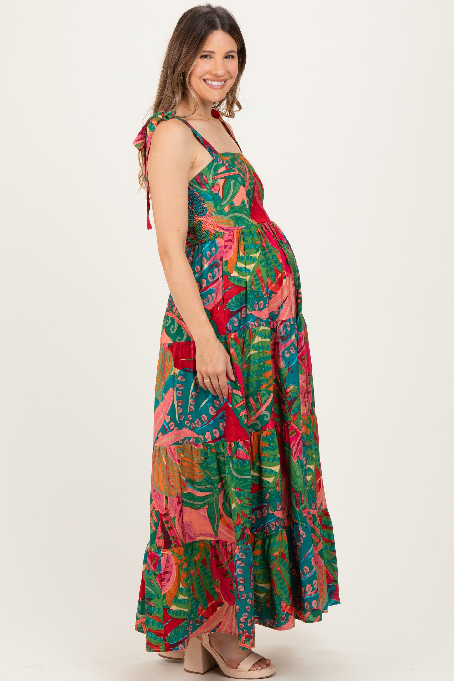 Green Printed Shoulder Tie Tiered Maternity Maxi Dress