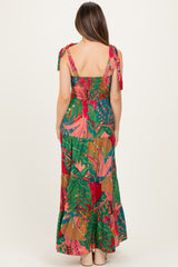 Green Printed Shoulder Tie Tiered Maternity Maxi Dress