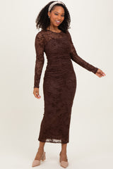 Brown Floral Flocked Mesh Long Sleeve Maternity Midi Dress