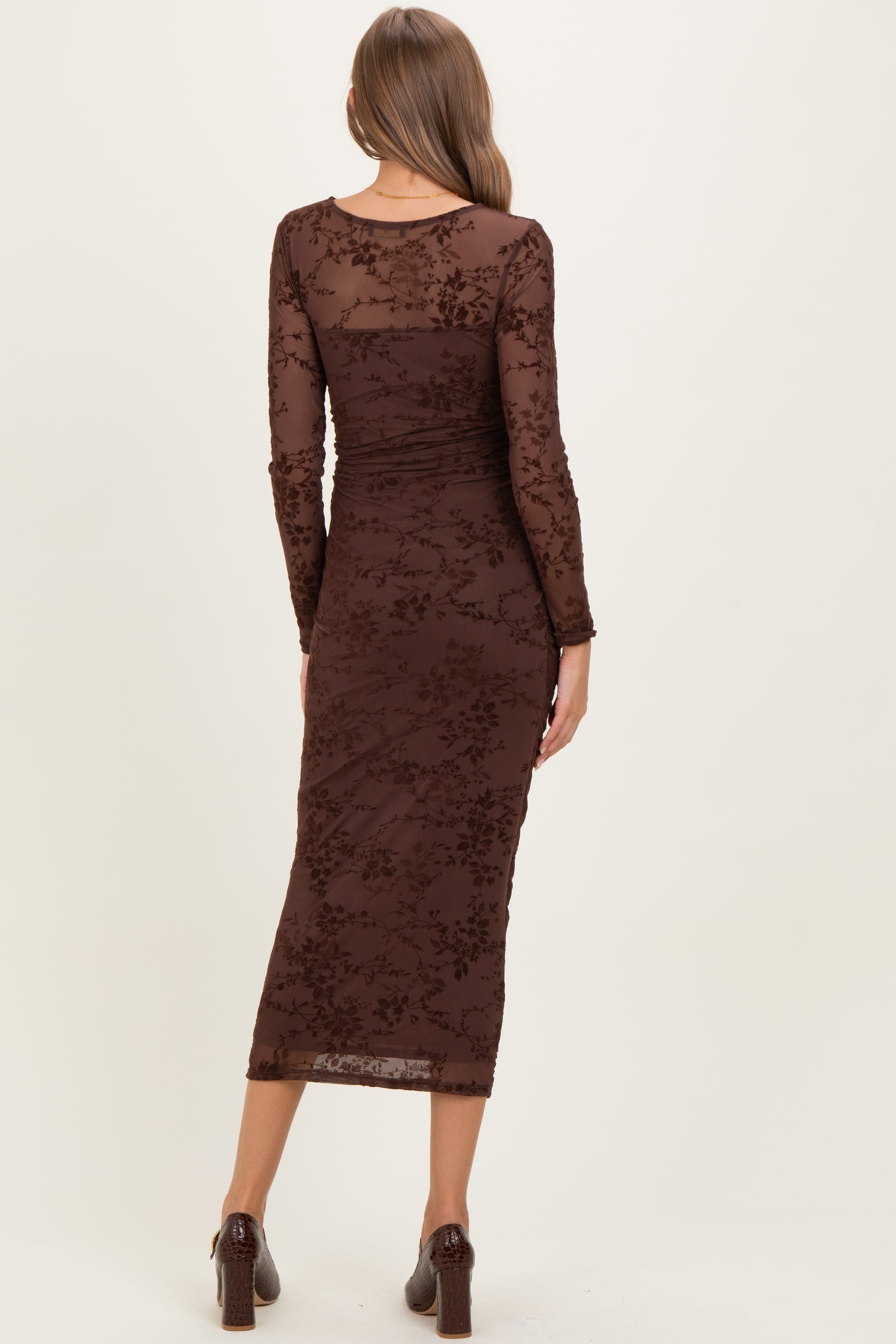 Brown Floral Flocked Mesh Long Sleeve Maternity Midi Dress