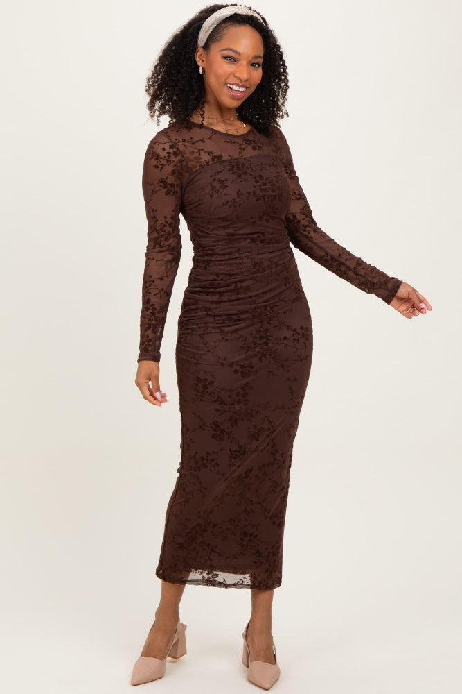 Brown Floral Flocked Mesh Long Sleeve Midi Dress