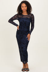 Navy Floral Flocked Mesh Long Sleeve Midi Dress