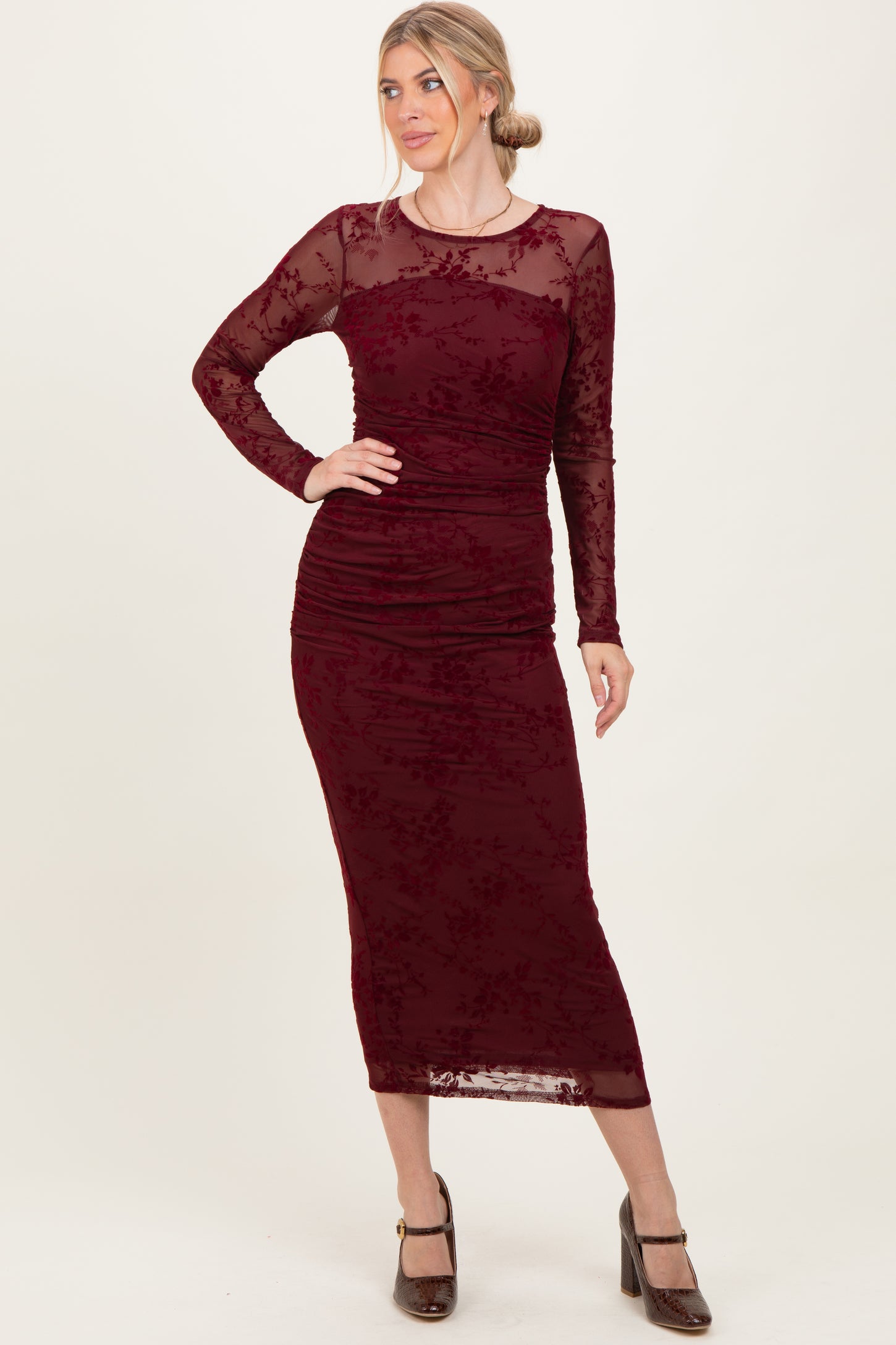 Burgundy Floral Flocked Mesh Long Sleeve Maternity Midi Dress