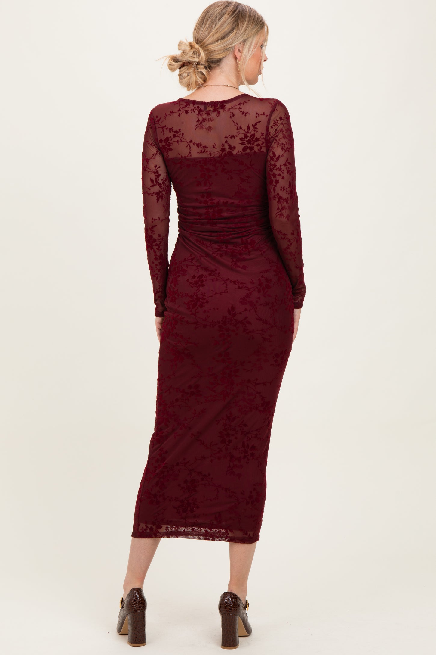 Burgundy Floral Flocked Mesh Long Sleeve Midi Dress