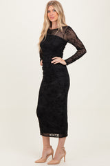 Black Floral Flocked Mesh Long Sleeve Midi Dress