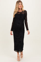 Black Floral Flocked Mesh Long Sleeve Maternity Midi Dress