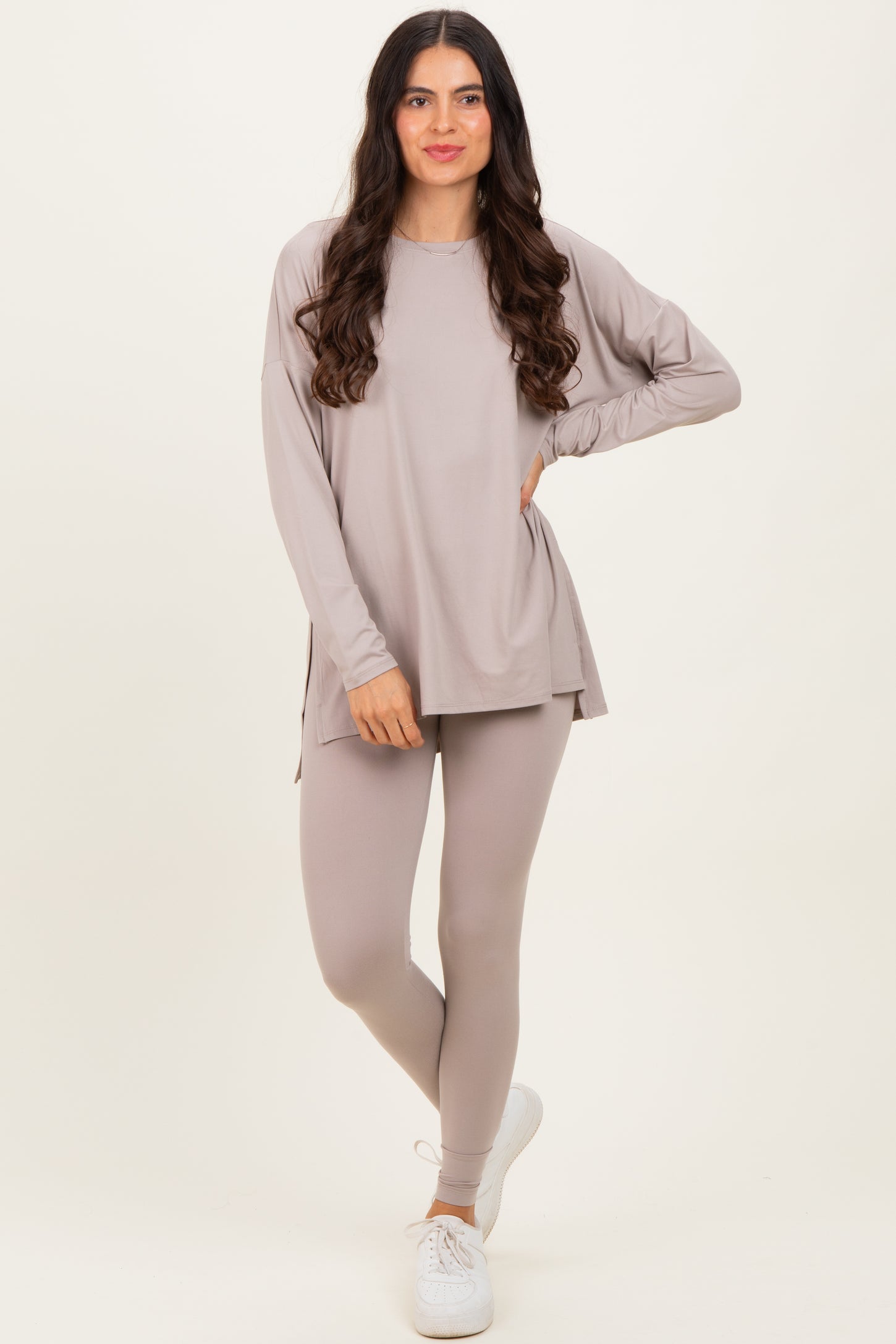 Light Mocha Brushed Knit Oversized Top and Legging Set