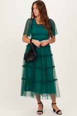 Emerald Green Ruffled Mesh Maxi Dress