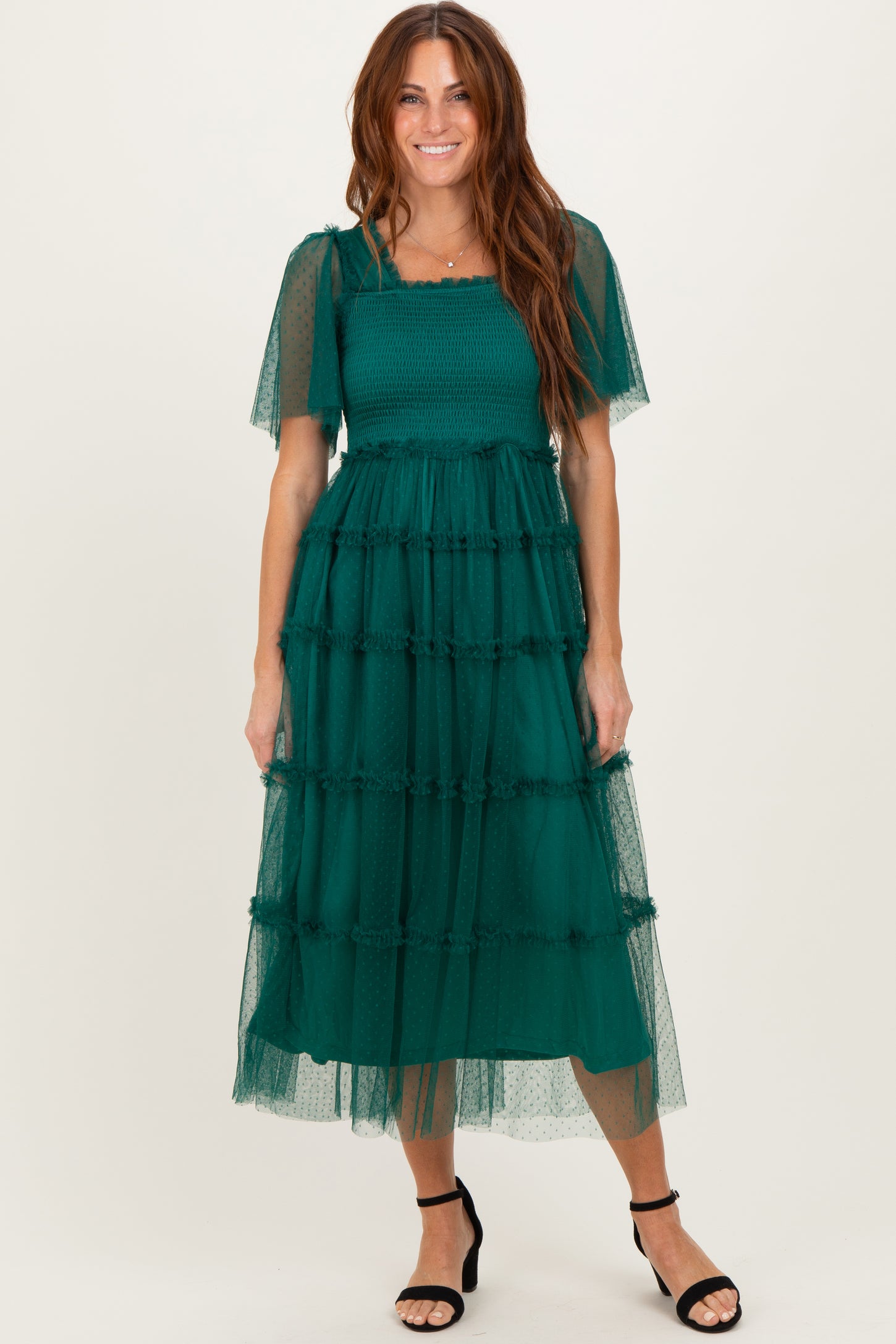 Emerald Green Ruffled Mesh Maxi Dress