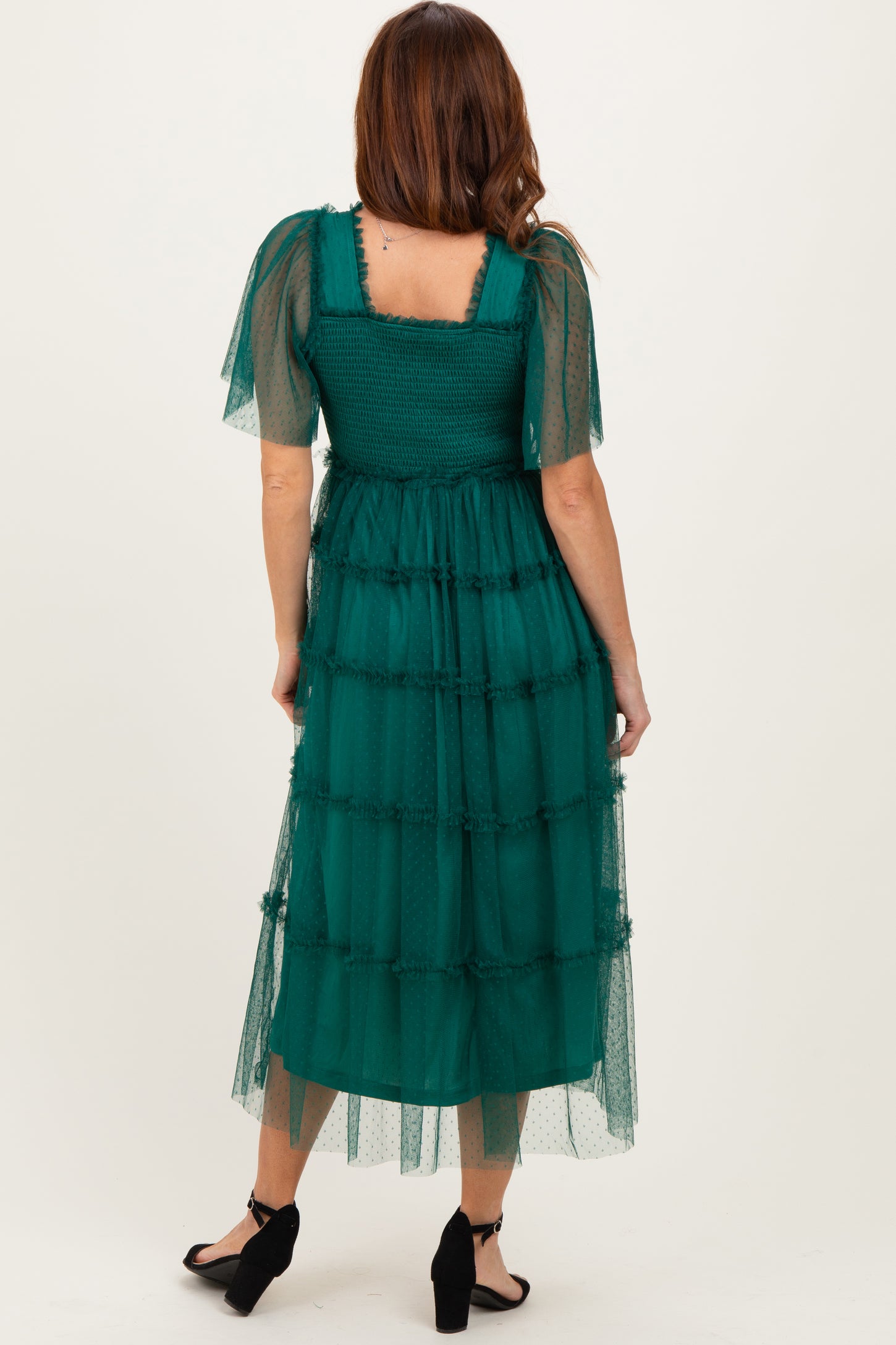 Emerald Green Ruffled Mesh Maxi Dress