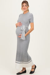 Heather Grey Knit Pleated Sash Tie Maternity Midi Dress