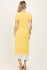 Yellow Knit Pleated Sash Tie Midi Dress