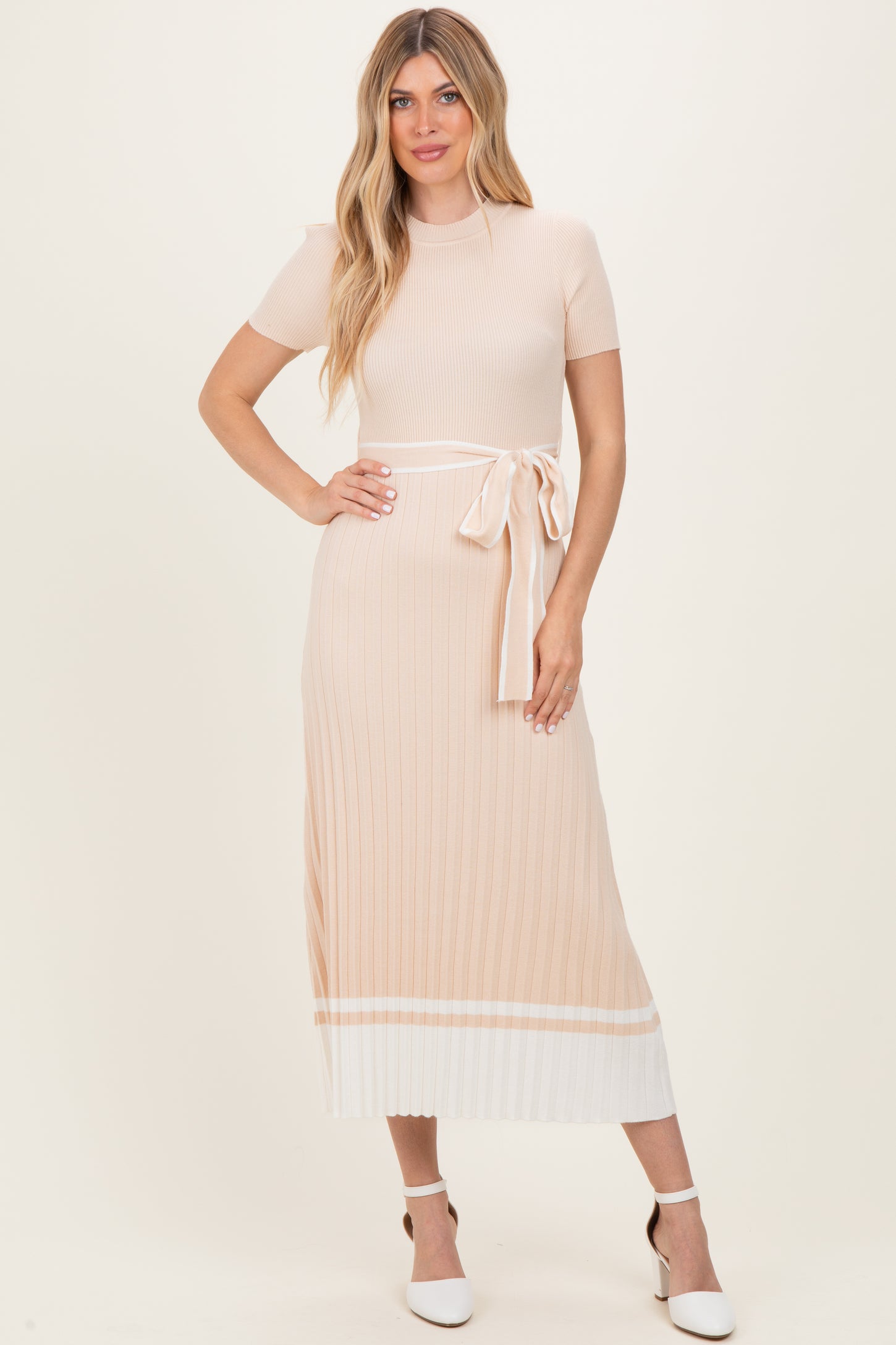 Beige Knit Pleated Sash Tie Midi Dress