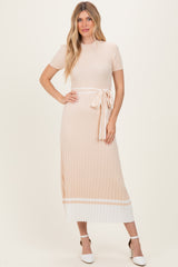 Beige Knit Pleated Sash Tie Midi Dress